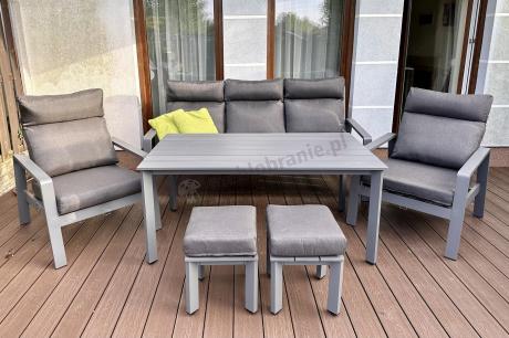 Grafitowe meble ogrodowe z wysokim stołem, sofą 202cm i regulowanymi fotelami - Renalo Dining Relax