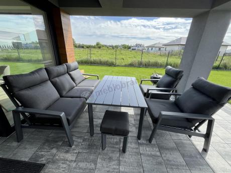 Grafitowe meble ogrodowe z wysokim stołem, sofą 202cm i regulowanymi fotelami - Renalo Dining Relax