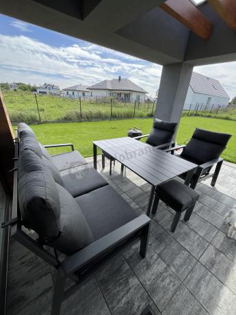 Grafitowe meble ogrodowe z wysokim stołem, sofą 202cm i regulowanymi fotelami - Renalo Dining Relax