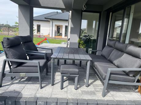 Grafitowe meble ogrodowe z wysokim stołem, sofą 202cm i regulowanymi fotelami - Renalo Dining Relax