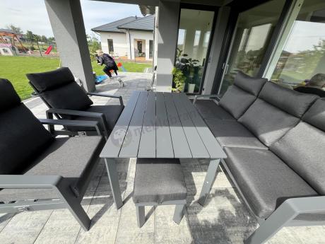 Grafitowe meble ogrodowe z wysokim stołem, sofą 202cm i regulowanymi fotelami - Renalo Dining Relax