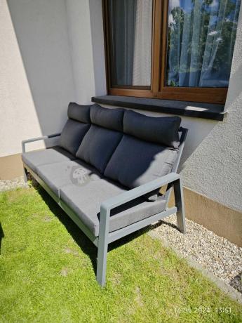 Grafitowe meble ogrodowe z wysokim stołem, sofą 202cm i regulowanymi fotelami - Renalo Dining Relax