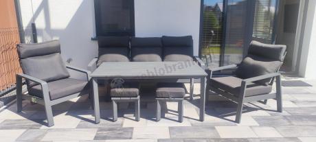 Grafitowe meble ogrodowe z wysokim stołem, sofą 202cm i regulowanymi fotelami - Renalo Dining Relax