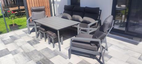 Grafitowe meble ogrodowe z wysokim stołem, sofą 202cm i regulowanymi fotelami - Renalo Dining Relax