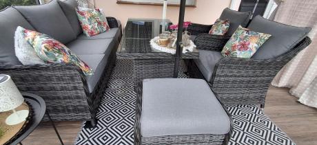 Grafitowe meble technorattanowe z sofą 180cm i wysokim stołem Novici Dining