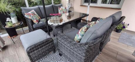 Grafitowe meble technorattanowe z sofą 180cm i wysokim stołem Novici Dining