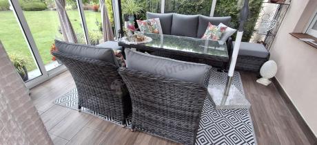 Grafitowe meble technorattanowe z sofą 180cm i wysokim stołem Novici Dining