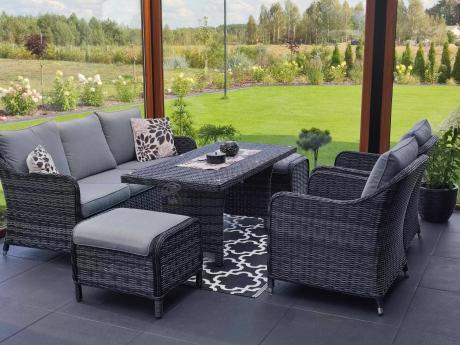 Grafitowe meble technorattanowe z sofą 180cm i wysokim stołem Novici Dining