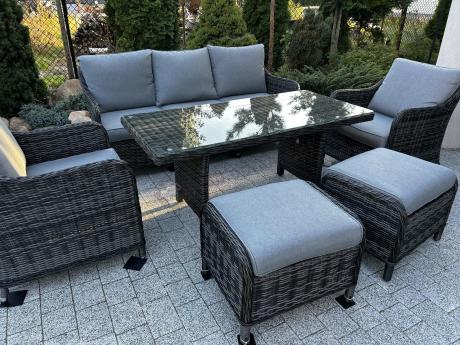 Grafitowe meble technorattanowe z sofą 180cm i wysokim stołem Novici Dining