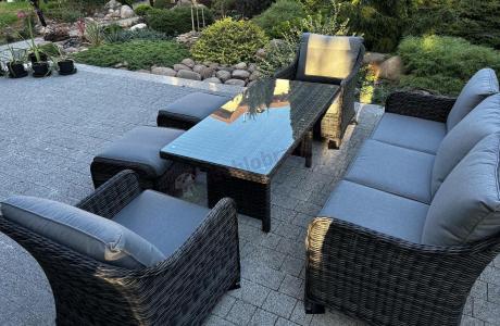 Grafitowe meble technorattanowe z sofą 180cm i wysokim stołem Novici Dining