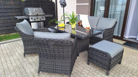 Grafitowe meble technorattanowe z sofą 180cm i wysokim stołem Novici Dining