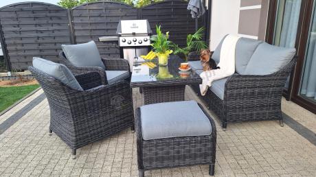 Grafitowe meble technorattanowe z sofą 180cm i wysokim stołem Novici Dining