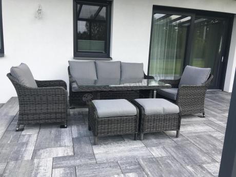 Grafitowe meble technorattanowe z sofą 180cm i wysokim stołem Novici Dining