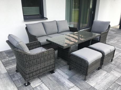 Grafitowe meble technorattanowe z sofą 180cm i wysokim stołem Novici Dining