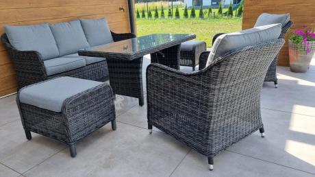 Grafitowe meble technorattanowe z sofą 180cm i wysokim stołem Novici Dining