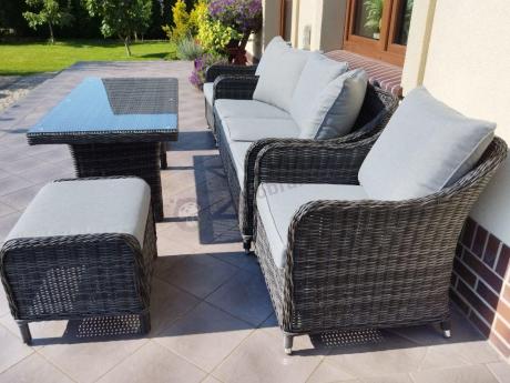 Grafitowe meble technorattanowe z sofą 180cm i wysokim stołem Novici Dining