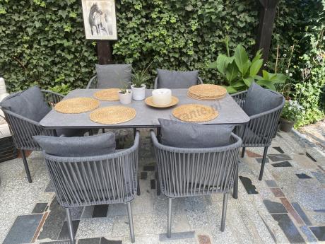 Grafitowe nowoczesne meble ogrodowe jadalniane stół + 6 krzeseł Rope Style Kostto Dining