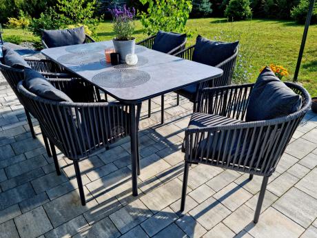 Grafitowe nowoczesne meble ogrodowe jadalniane stół + 6 krzeseł Rope Style Kostto Dining