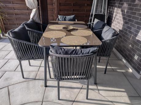 Grafitowe nowoczesne meble ogrodowe jadalniane stół + 6 krzeseł Rope Style Kostto Dining