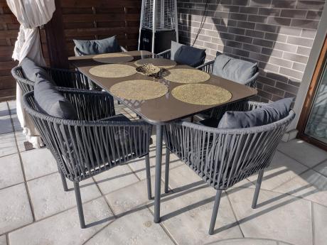 Grafitowe nowoczesne meble ogrodowe jadalniane stół + 6 krzeseł Rope Style Kostto Dining