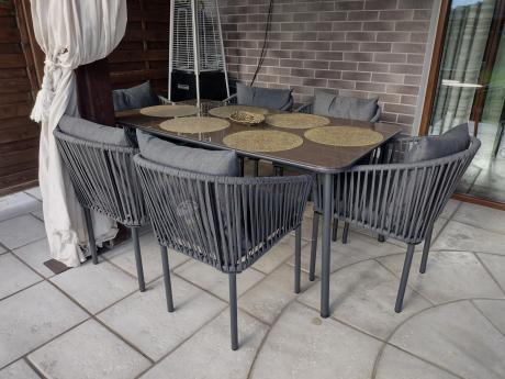 Grafitowe nowoczesne meble ogrodowe jadalniane stół + 6 krzeseł Rope Style Kostto Dining