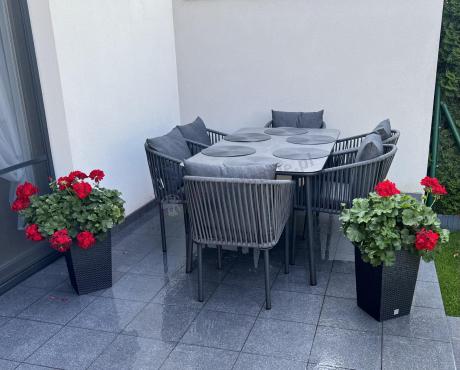 Grafitowe nowoczesne meble ogrodowe jadalniane stół + 6 krzeseł Rope Style Kostto Dining
