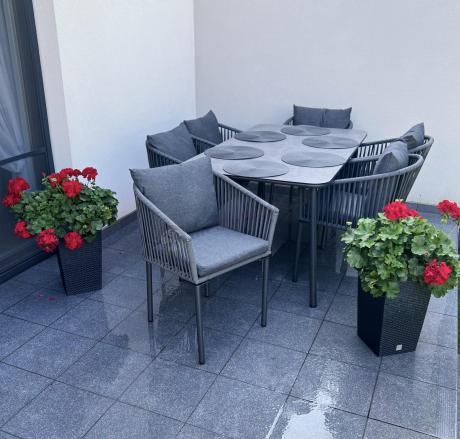 Grafitowe nowoczesne meble ogrodowe jadalniane stół + 6 krzeseł Rope Style Kostto Dining