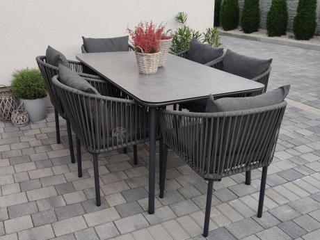 Grafitowe nowoczesne meble ogrodowe jadalniane stół + 6 krzeseł Rope Style Kostto Dining