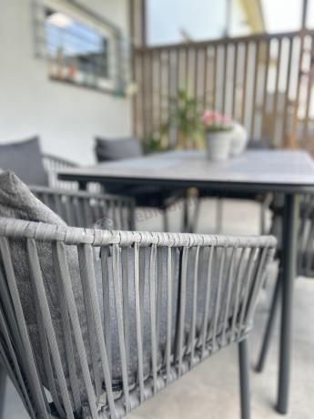 Grafitowe nowoczesne meble ogrodowe jadalniane stół + 6 krzeseł Rope Style Kostto Dining