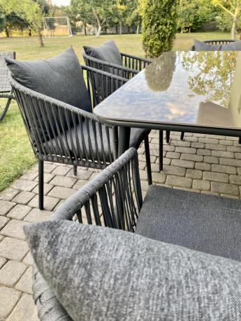 Grafitowe nowoczesne meble ogrodowe jadalniane stół + 6 krzeseł Rope Style Kostto Dining