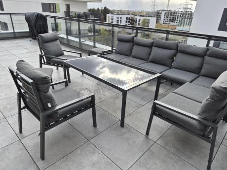 Grafitowe nowoczesne meble tarasowe dla 10 osób Doros Corner XXL narożnik z 2 fotelami i 2 pufami - Dark Grey