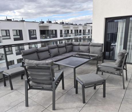 Grafitowe nowoczesne meble tarasowe dla 10 osób Doros Corner XXL narożnik z 2 fotelami i 2 pufami - Dark Grey