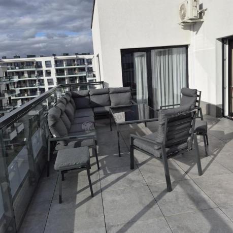 Grafitowe nowoczesne meble tarasowe dla 10 osób Doros Corner XXL narożnik z 2 fotelami i 2 pufami - Dark Grey