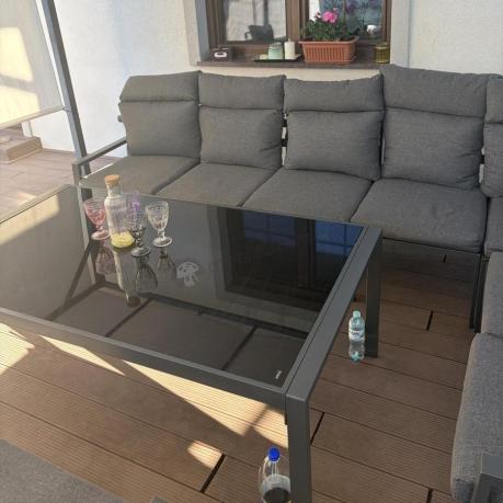 Grafitowe nowoczesne meble tarasowe dla 10 osób Doros Corner XXL narożnik z 2 fotelami i 2 pufami - Dark Grey