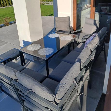 Grafitowe nowoczesne meble tarasowe dla 10 osób Doros Corner XXL narożnik z 2 fotelami i 2 pufami - Dark Grey
