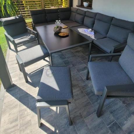 Grafitowe nowoczesne meble tarasowe dla 10 osób Doros Corner XXL narożnik z 2 fotelami i 2 pufami - Dark Grey