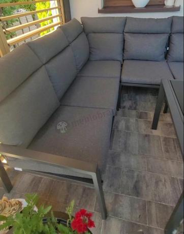 Grafitowe nowoczesne meble tarasowe dla 10 osób Doros Corner XXL narożnik z 2 fotelami i 2 pufami - Dark Grey
