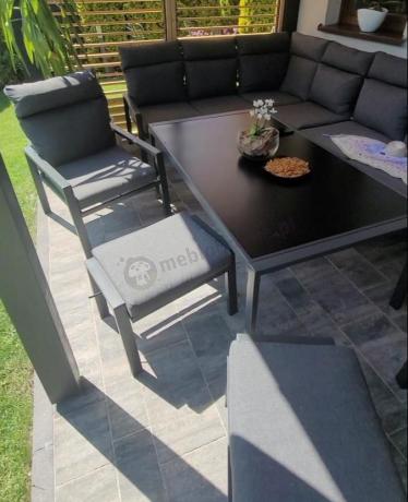 Grafitowe nowoczesne meble tarasowe dla 10 osób Doros Corner XXL narożnik z 2 fotelami i 2 pufami - Dark Grey