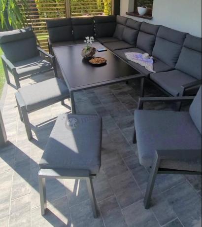 Grafitowe nowoczesne meble tarasowe dla 10 osób Doros Corner XXL narożnik z 2 fotelami i 2 pufami - Dark Grey