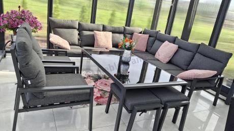 Grafitowe nowoczesne meble tarasowe dla 10 osób Doros Corner XXL narożnik z 2 fotelami i 2 pufami - Dark Grey