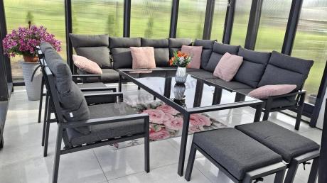 Grafitowe nowoczesne meble tarasowe dla 10 osób Doros Corner XXL narożnik z 2 fotelami i 2 pufami - Dark Grey