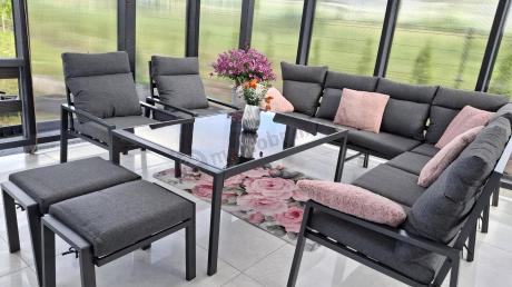 Grafitowe nowoczesne meble tarasowe dla 10 osób Doros Corner XXL narożnik z 2 fotelami i 2 pufami - Dark Grey