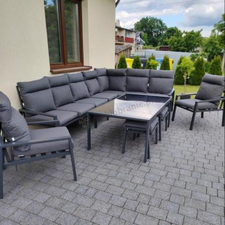 Grafitowe nowoczesne meble tarasowe dla 10 osób Doros Corner XXL narożnik z 2 fotelami i 2 pufami - Dark Grey