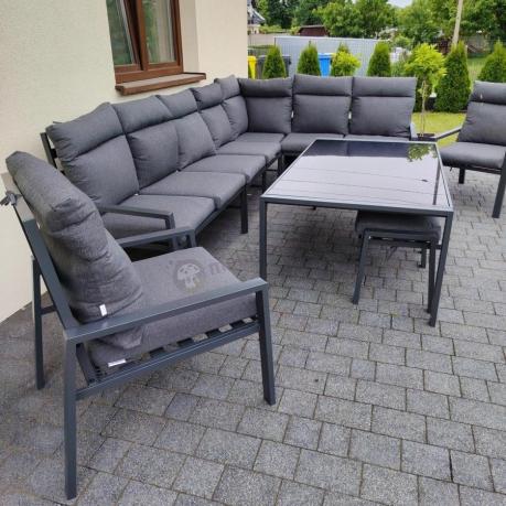 Grafitowe nowoczesne meble tarasowe dla 10 osób Doros Corner XXL narożnik z 2 fotelami i 2 pufami - Dark Grey