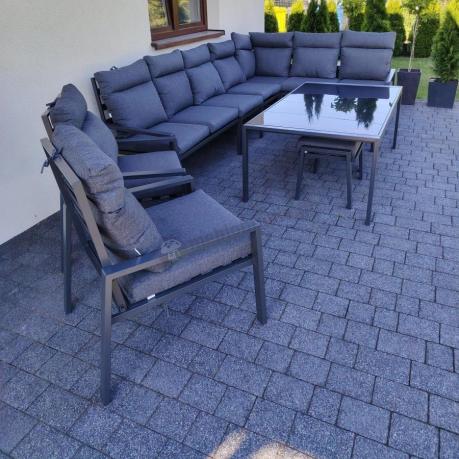 Grafitowe nowoczesne meble tarasowe dla 10 osób Doros Corner XXL narożnik z 2 fotelami i 2 pufami - Dark Grey