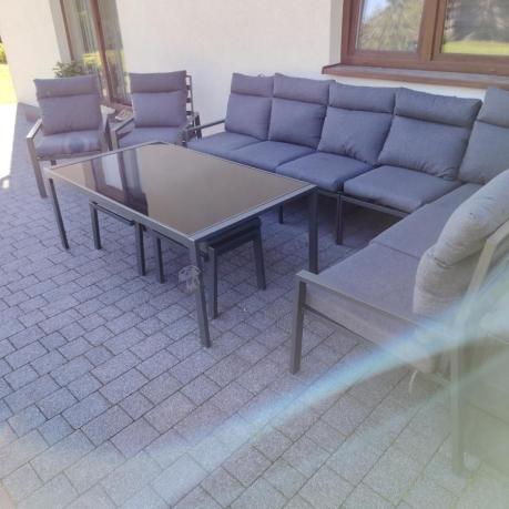 Grafitowe nowoczesne meble tarasowe dla 10 osób Doros Corner XXL narożnik z 2 fotelami i 2 pufami - Dark Grey