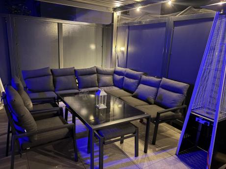 Grafitowe nowoczesne meble tarasowe dla 10 osób Doros Corner XXL narożnik z 2 fotelami i 2 pufami - Dark Grey