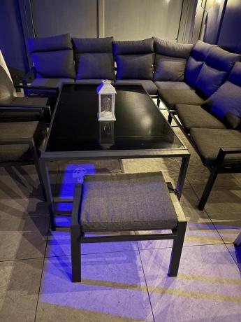 Grafitowe nowoczesne meble tarasowe dla 10 osób Doros Corner XXL narożnik z 2 fotelami i 2 pufami - Dark Grey