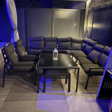 Grafitowe nowoczesne meble tarasowe dla 10 osób Doros Corner XXL narożnik z 2 fotelami i 2 pufami - Dark Grey