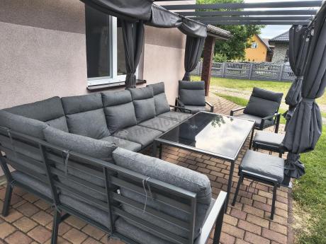 Grafitowe nowoczesne meble tarasowe dla 10 osób Doros Corner XXL narożnik z 2 fotelami i 2 pufami - Dark Grey
